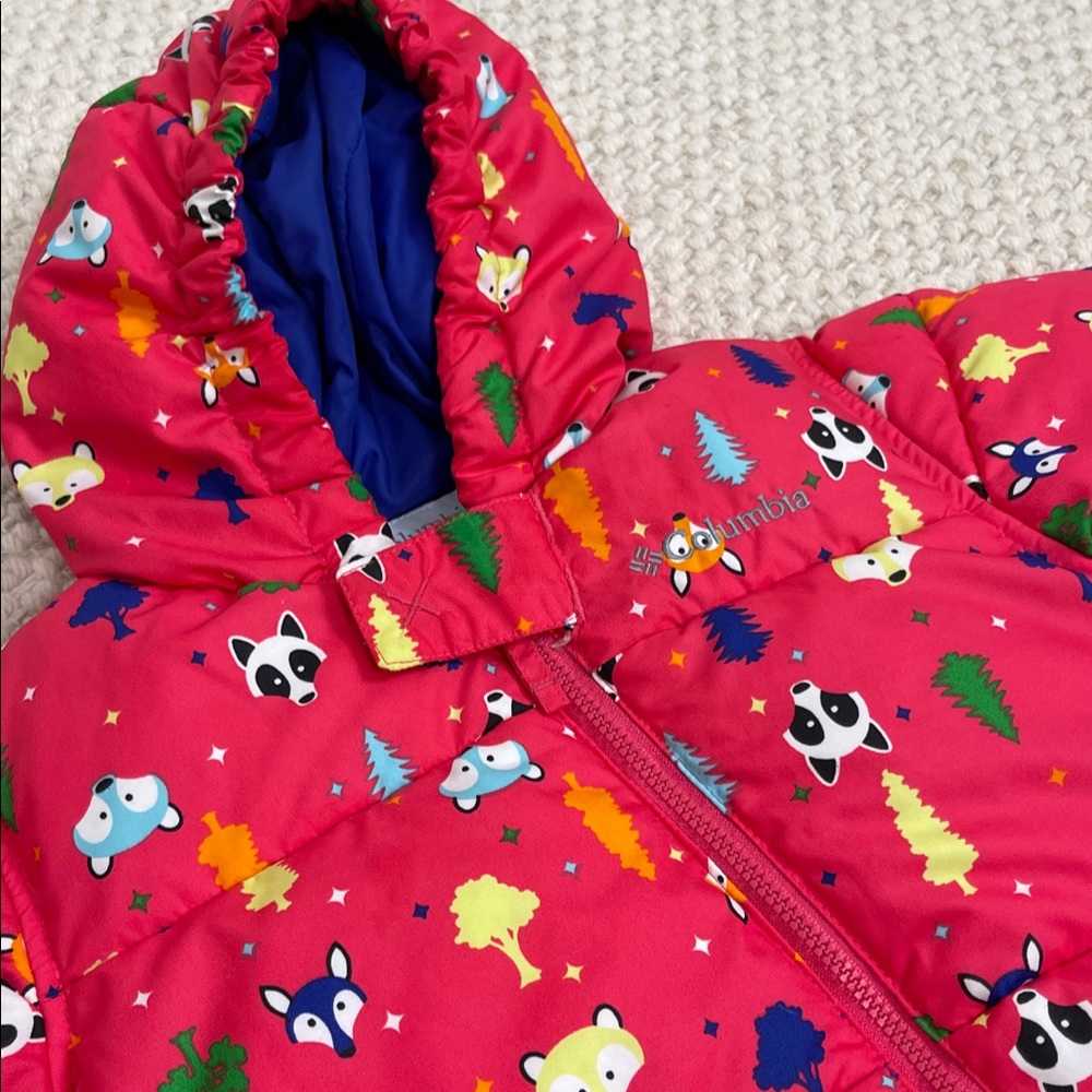 Columbia pink down puffer Snowsuit with Fun animal Print size 6 months - Picture 2 of 12